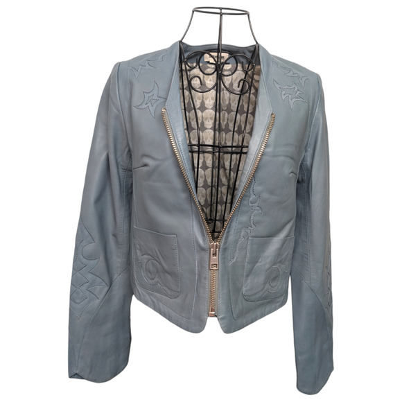 Zadig & Voltaire Vencia Patch Cloud Blue Lamb Leather Western Cropped Jacket XS - Picture 2 of 15